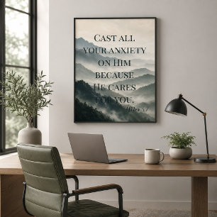 Wirf deine Angst auf ihn Misty Mountain Schrift Poster