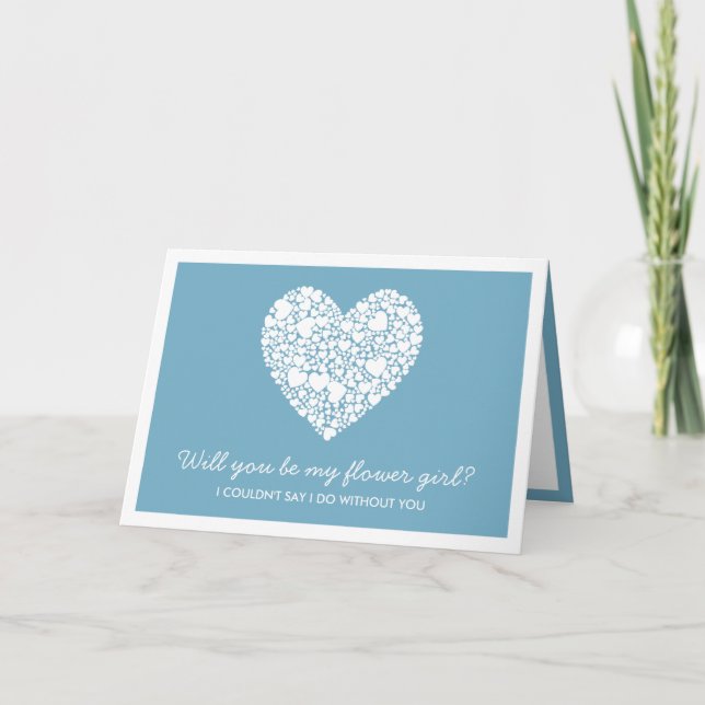 Wirst du mein Blumenmädchen sein? Blue Heart Card Einladung (Vorderseite)