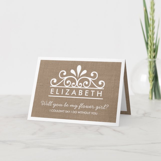 Wirst du mein Blumenmädchen sein? Burlap Tiara Car Einladung (Vorderseite)