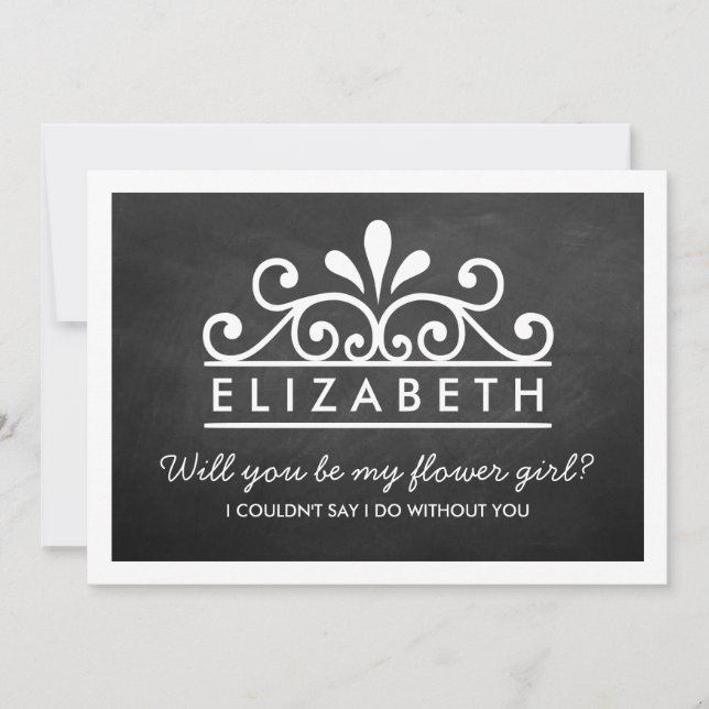 Wirst du mein Blumenmädchen sein? Chalkboard Tiara Einladung (Vorderseite)