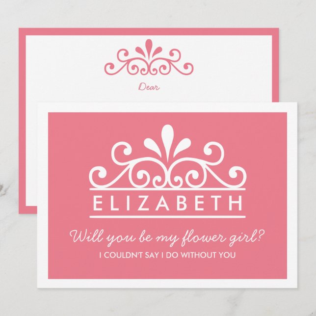 Wirst du mein Blumenmädchen sein? Pink Tiara Card Einladung (Vorne/Hinten)