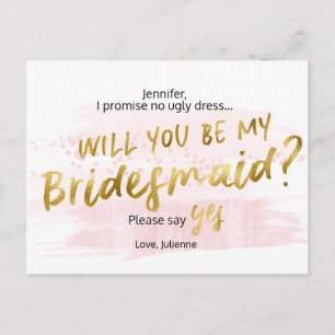 Wirst du meine Brautjungfer Blush & Gold Aquarell Einladungspostkarte