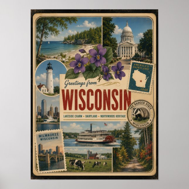 Wisconsin Authentischer Vintage-Stil Poster (Vorne)
