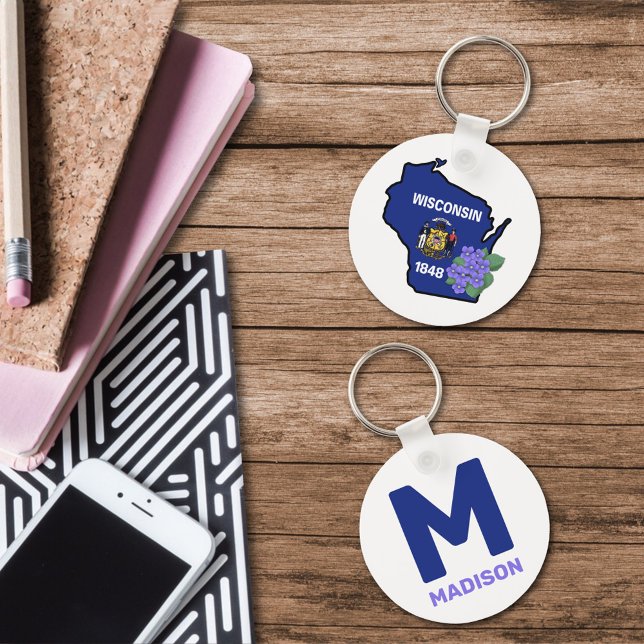 Wisconsin Flag & Blume Blue Violet Individuelle Na Schlüsselanhänger (Von Creator hochgeladen)