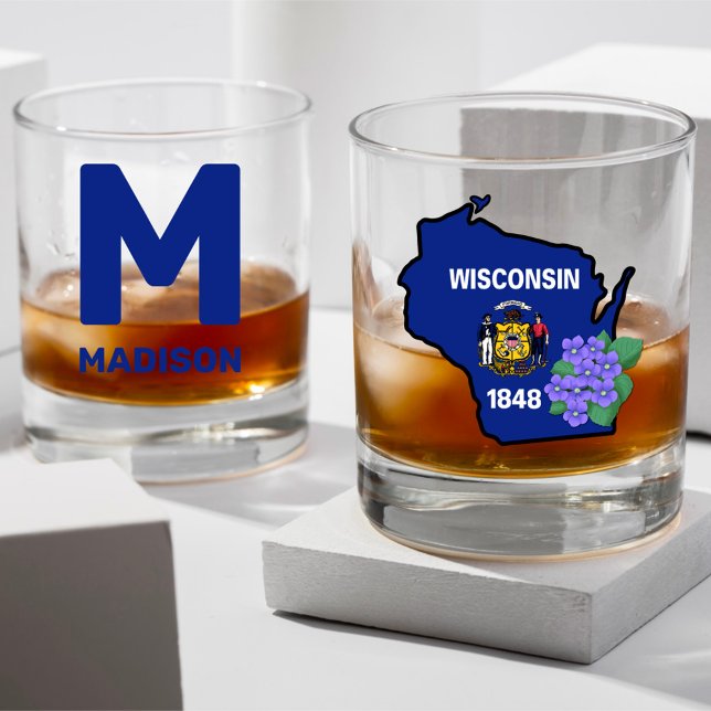 Wisconsin Flag & Blume Blue Violet Individuelle Na Whiskyglas (Von Creator hochgeladen)
