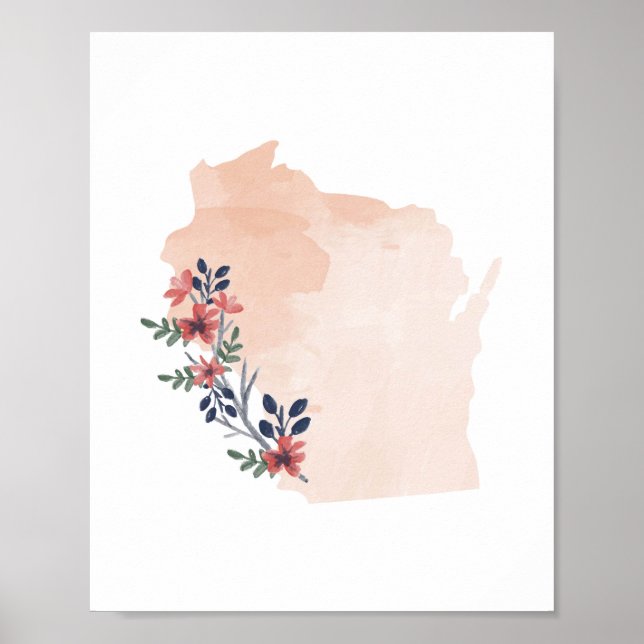 Wisconsin Floral Watercolor Staat Poster (Vorne)