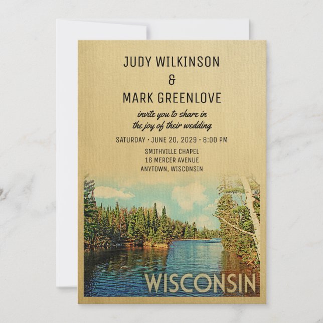 Wisconsin Hochzeit Einladung Vintage Seenlandschaf (Vorderseite)