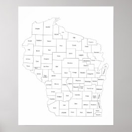 Wisconsin-Karte mit Landkreisen im Staat mit Namen Poster