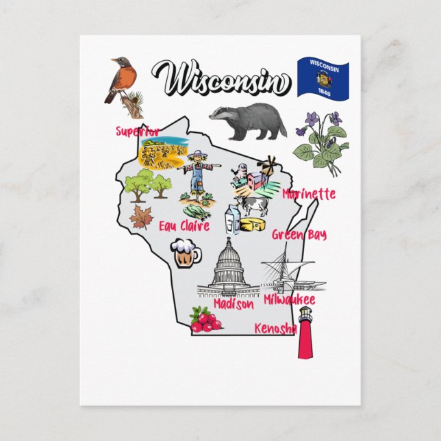 Wisconsin Karte mit touristischen Zielen (Vorderseite)