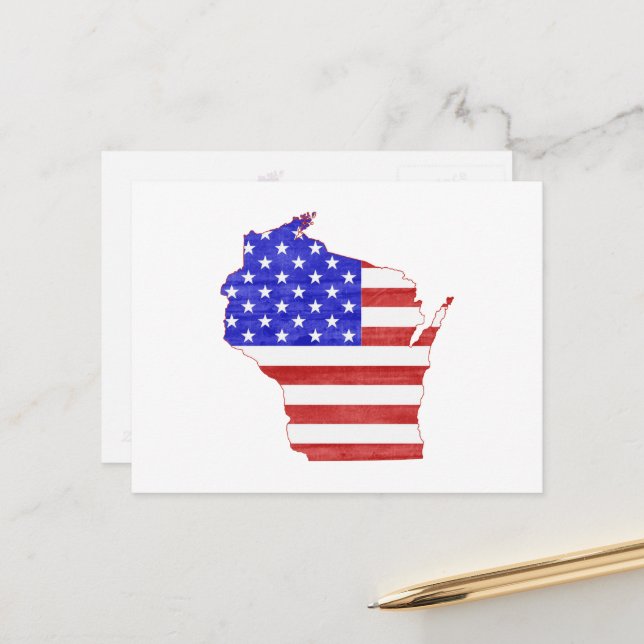 Wisconsin Map Shaped Patriotic American Flag Postkarte (Vorderseite/Rückseite Beispiel)