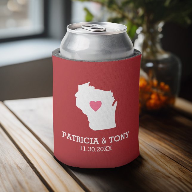 Wisconsin Map Zuhause Staat Liebe mit optionalem H Dosenkühler (Celebrate with a personalized can cooler - add your name or monogram. Great party favor or gift)