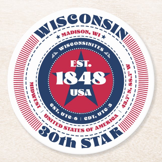 Wisconsin Red White Blue Typografie Runder Pappuntersetzer (Vorderseite)