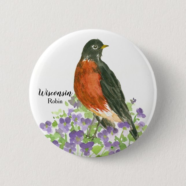 Wisconsin Souvenir American Robin Lila Violets Button (Vorderseite)
