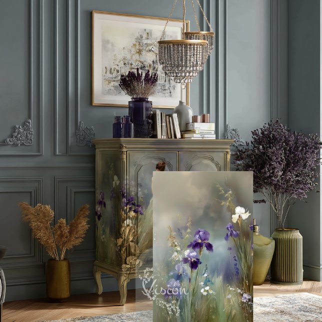 Wisdom's Muse Deep Purple Iris Gold Sage Garden Seidenpapier (Sage green vintage cabinet with artwork behind glass purple dried flowers pampas gold accessories)