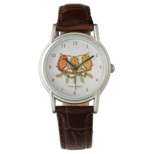 Wise & Cozy – Drei orangefarbene Eulen Kunst Armbanduhr