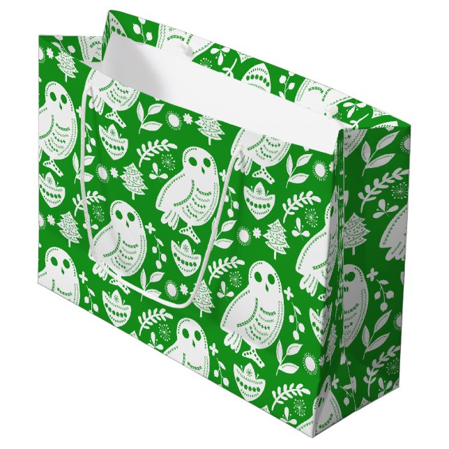 Wise Owl Folk Art Green Holiday Große Geschenktüte (Vorderseite Schrägansicht)