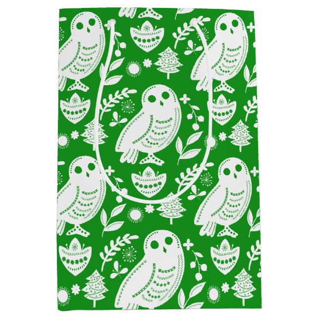 Wise Owl Folk Art Green Holiday Mittlere Geschenktüte (Vorderseite)