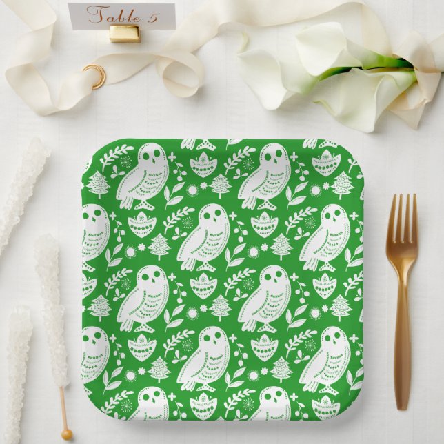 Wise Owl Folk Art Green Holiday Pappteller (Hochzeit)