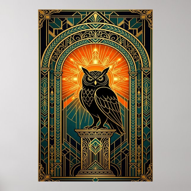 Wise Owl Silhouette Art Deco Midnight Gold Poster (Vorne)