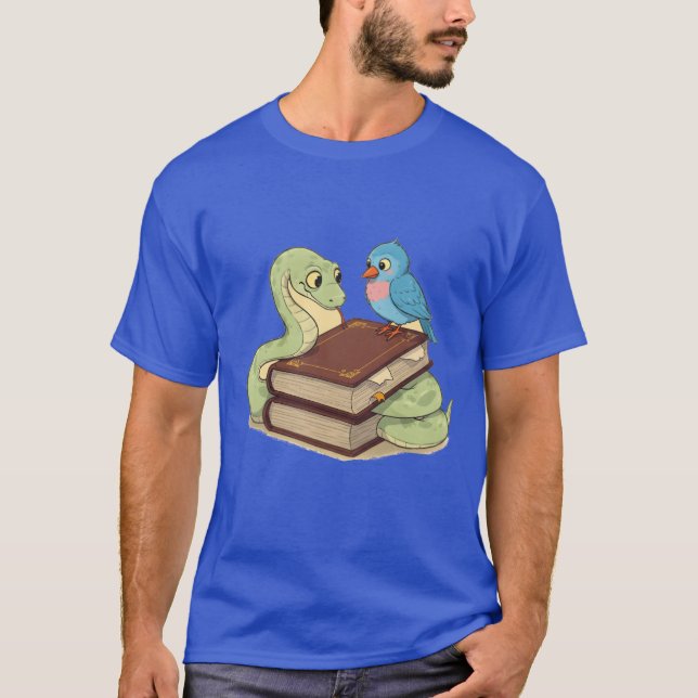 Wise Snake and Bird on Book komisch T-Shirt (Vorderseite)