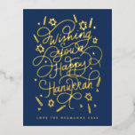 Wishing you a happy hanukkah handlettering folien feiertagspostkarte<br><div class="desc">Handlettered "wishing you a happy hanukkah" blue and gold foil; background color is editable; photos on the back. postcard version</div>