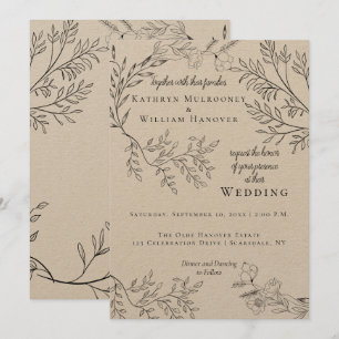 Wispy Black Floral Konturen auf Kraft Hochzeit Einladung