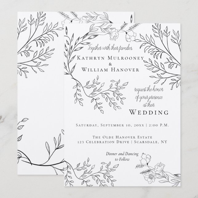 Wispy Black Floral Konturen über Kraft Wedding Einladung (Vorne/Hinten)
