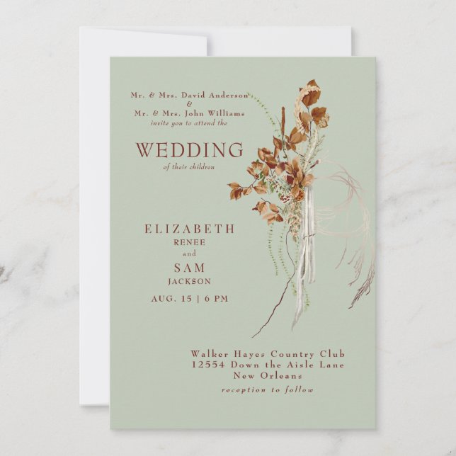 Wispy Botanical Sage Beide Eltern Hochzeit Einladung (Vorderseite)