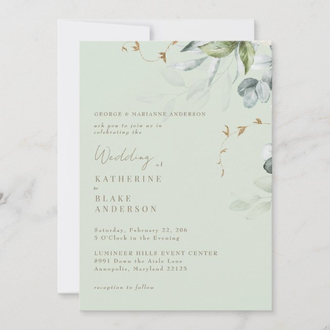 Wispy Foliage Light Sage Bride Parents Wedding Einladung (Vorderseite)