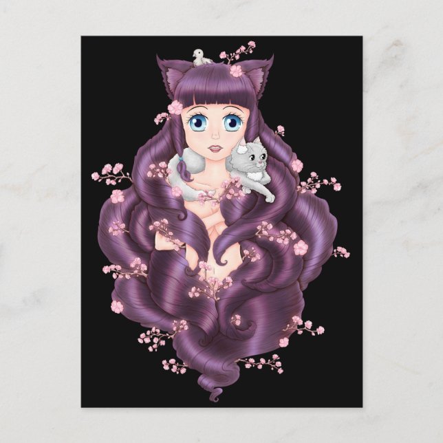 Wispy Lila Haired Neko Anime Girl Postkarte (Vorderseite)
