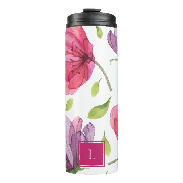 Wispy Violet Floral Monogram Thermal Tumbler Thermosbecher (Vorderseite)