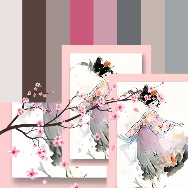 Wispy Watercolor | Dancing Japanese Girl Postcard Postkarte (Watercolor -Wispy - Pink -Ethereal Dreams - Swirl Beneath Cherry Blossoms)