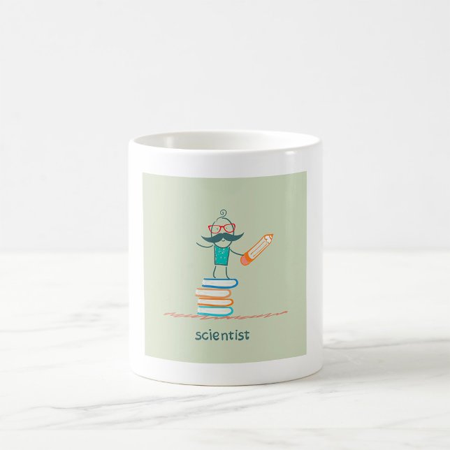 Wissenschaftler Stehend Auf Büchern Kaffeetasse (Von Creator hochgeladen)