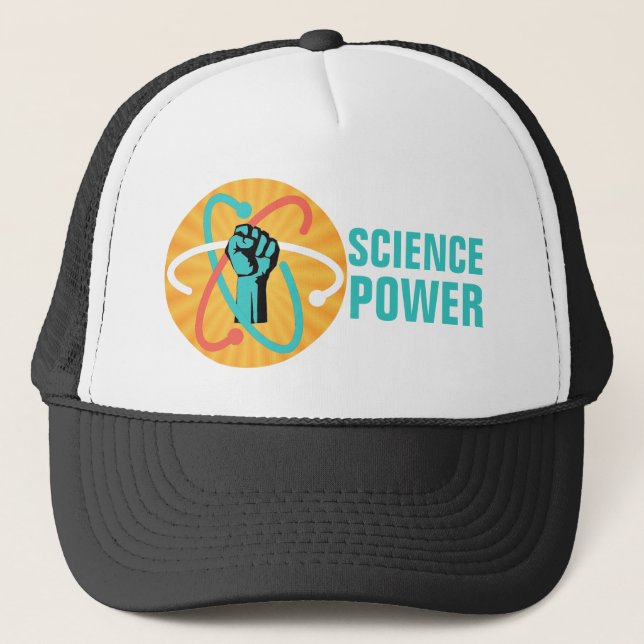 Wissenschafts-Power-Faust u. Retro Atom auf Truckerkappe (Vorderseite)