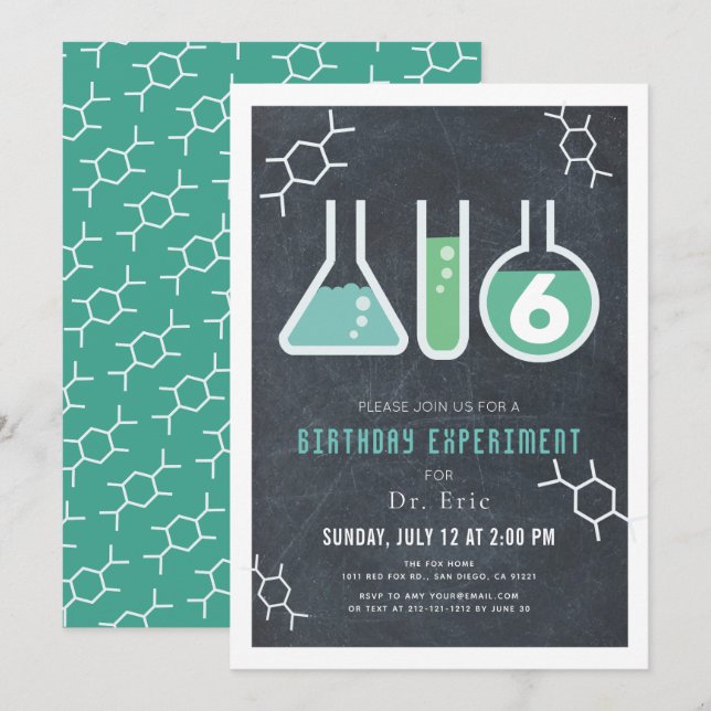 Wissenschaftsexperiment Black Chalkboard Geburtsta Einladung (Vorne/Hinten)