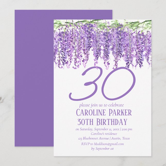 Wisteria 30. Geburtstag Lila Blumenviolett Einladung (Vorne/Hinten)