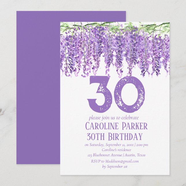 Wisteria 30. Geburtstag Lila Blumenviolett Einladung (Vorne/Hinten)