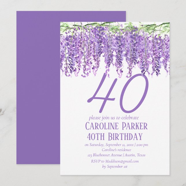 Wisteria 40. Geburtstag Lila Blumenviolett Einladung (Vorne/Hinten)