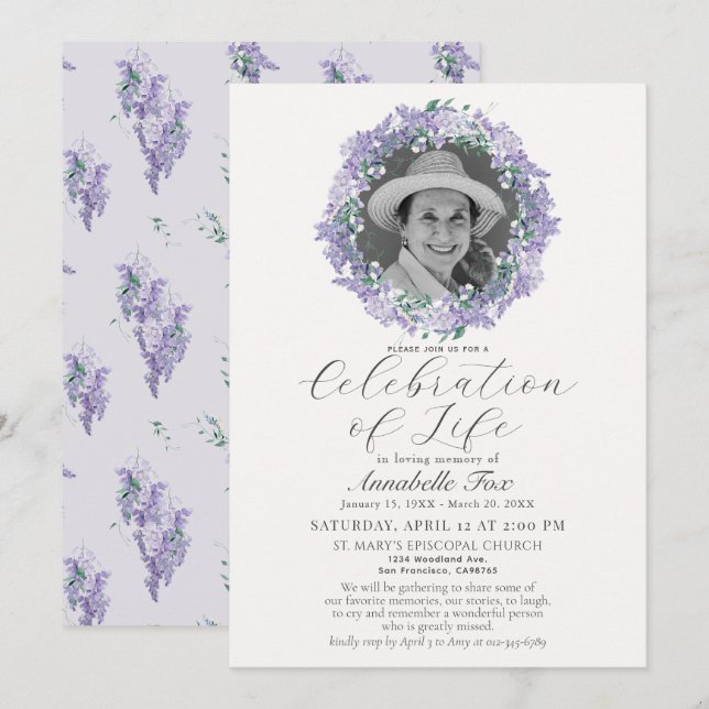 Wisteria Celebration of Life Funeral Memorial Einladung (Vorne/Hinten)