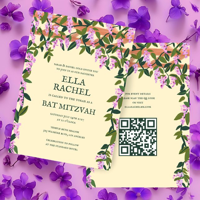 Wisteria Custom B'nai Bat Bar Mitzvah QR Code Einladung (Wisteria Flowers Custom B'nai Bat Bar Mitzvah QR Code Jewish Invitation
)