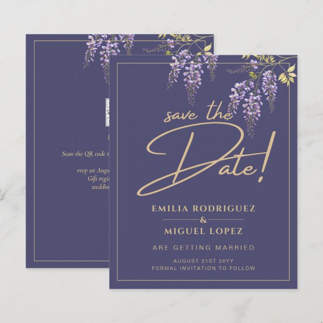 Wisteria Dusty Lila Gold Wedding Save the Date (Vorne/Hinten)