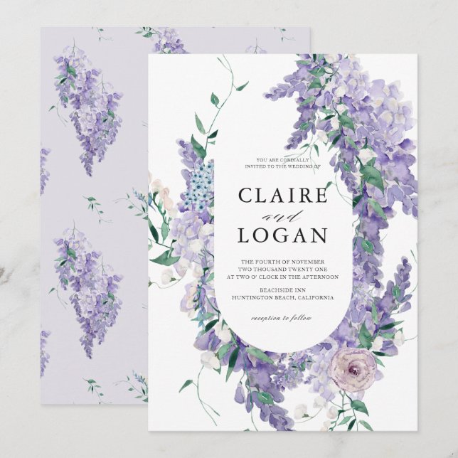 Wisteria Dusty Lila Watercolor Wedding Einladung (Vorne/Hinten)