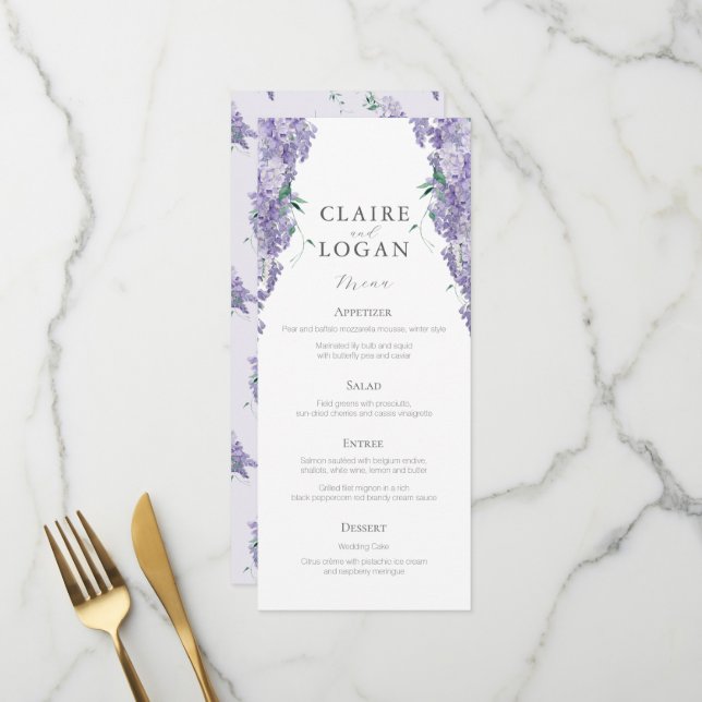 Wisteria Dusty Lila Watercolor Wedding Menükarte (Vorderseite/Rückseite Beispiel)