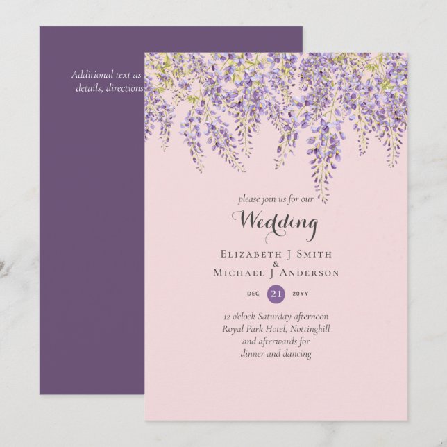 Wisteria Floral Garden Lavender Wedding Dusty Pink Einladung (Vorne/Hinten)
