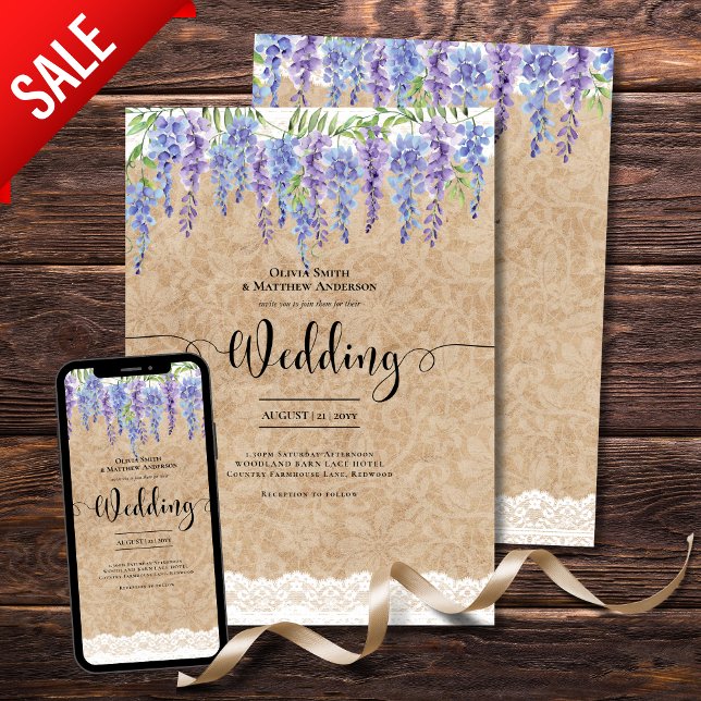 Wisteria Floral Wedding Rustic Kraft Lace Look Einladung (Von Creator hochgeladen)