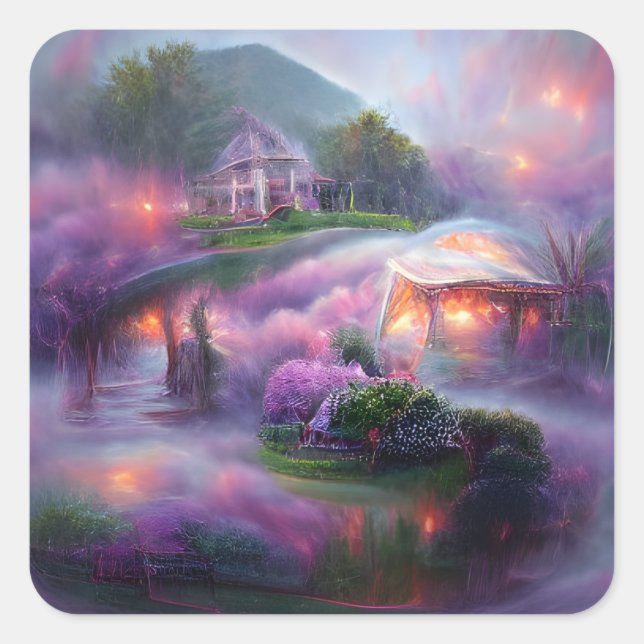 Wisteria Gazebo bei Sonnenuntergang am Teich Quadratischer Aufkleber (Vorderseite)