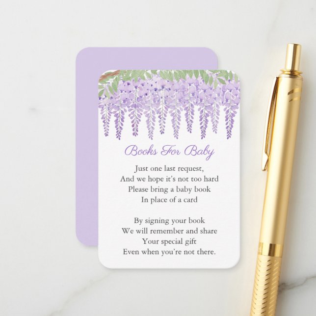 Wisteria Lavender Floral Book Request Baby Dusche Begleitkarte (Vorderseite/Rückseite Beispiel)