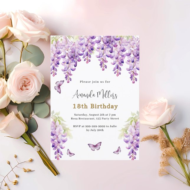 Wisteria lila Blumen Schmetterlinge Geburtstag Einladung (Von Creator hochgeladen)