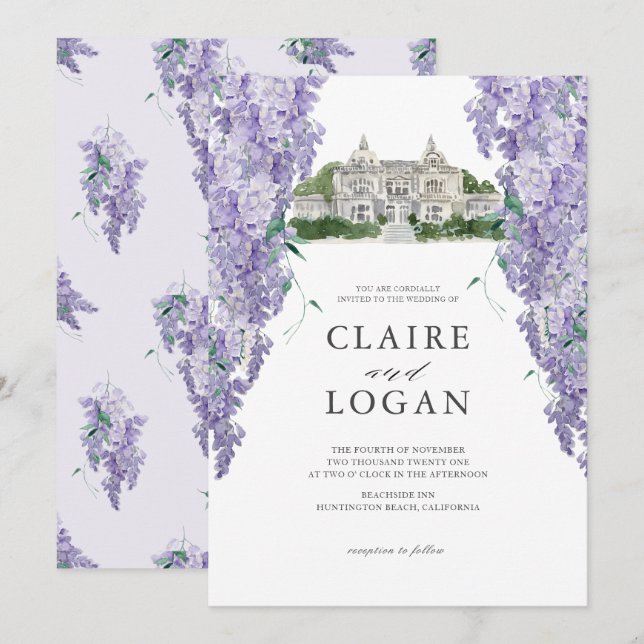 Wisteria Mansion Dusty Lila Watercolor Wedding Einladung (Vorne/Hinten)