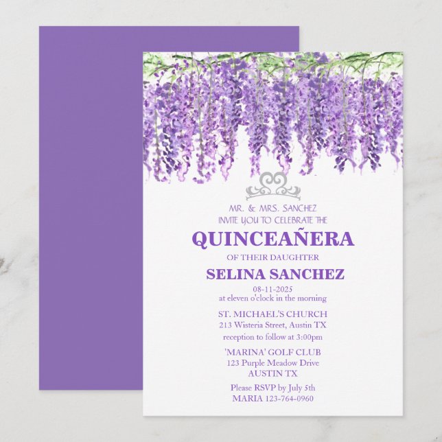 Wisteria Quinceanera Lila Floral 15. Geburtstag Einladung (Vorne/Hinten)